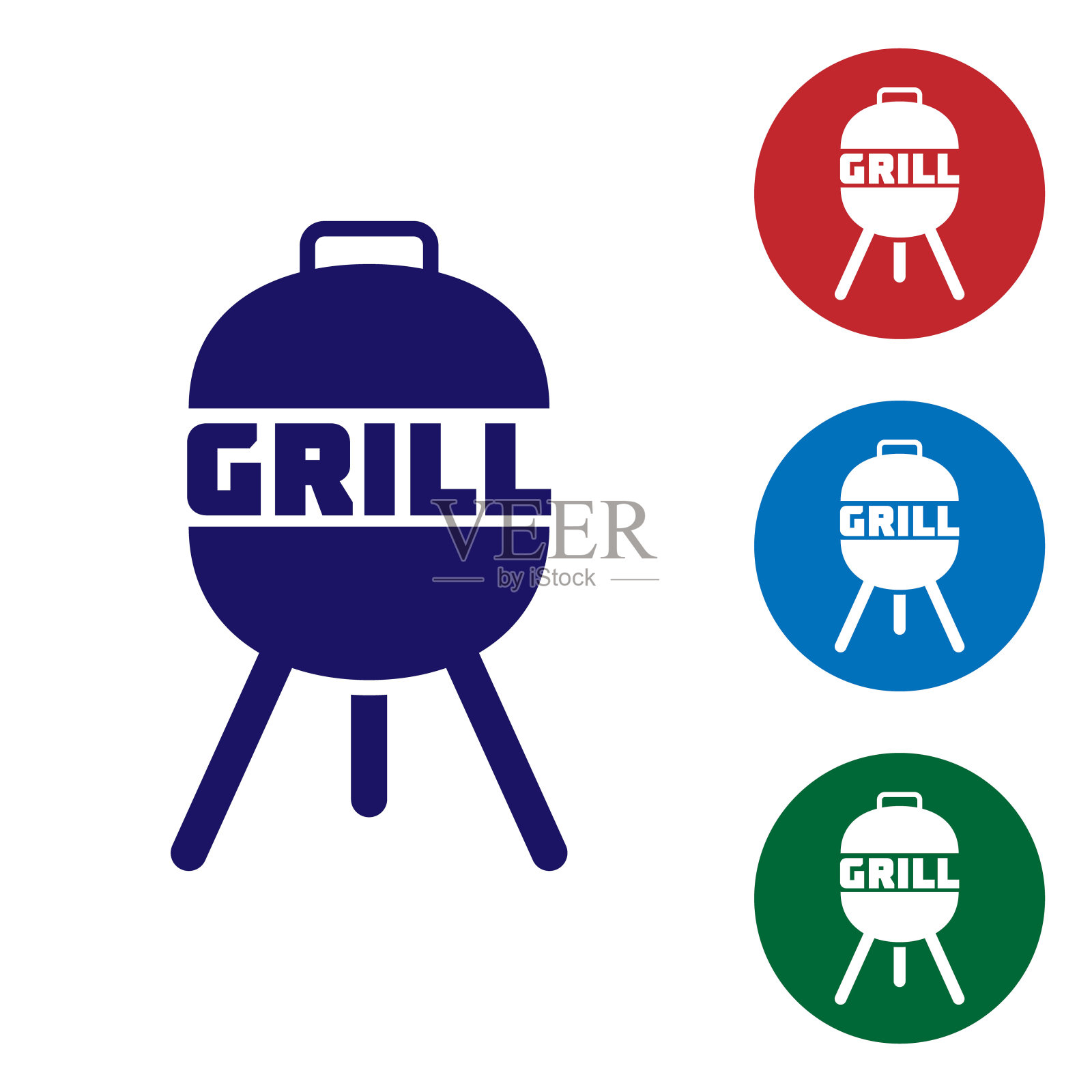 蓝色烧烤架图标孤立在白色背景。烧烤烧烤聚会。设置圆形按钮中的颜色图标。矢量图图标素材