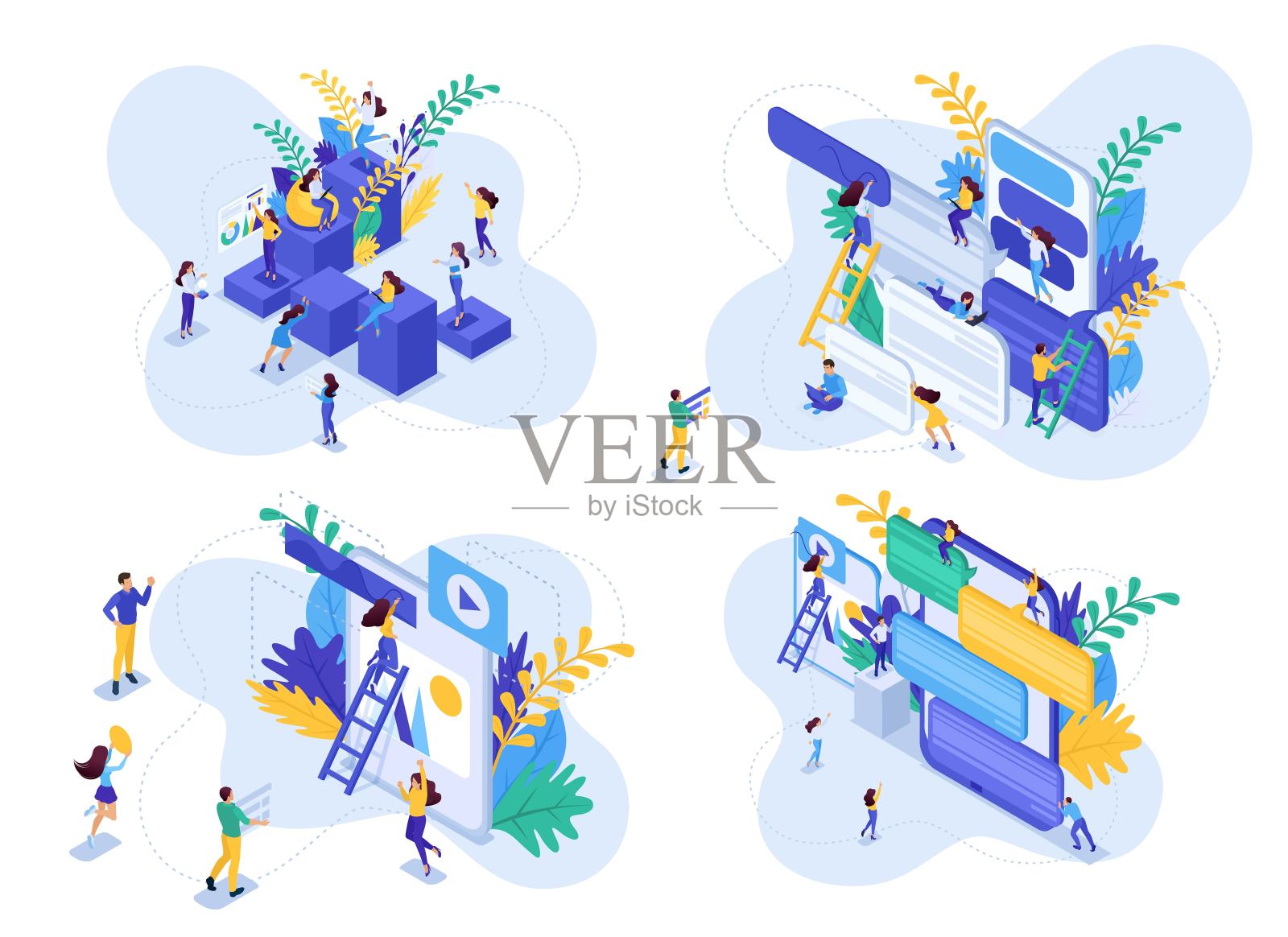 Isometric Set概念职业阶梯的女性，沟通的年轻人在社交网络。现代矢量插图概念的网站设计模板素材