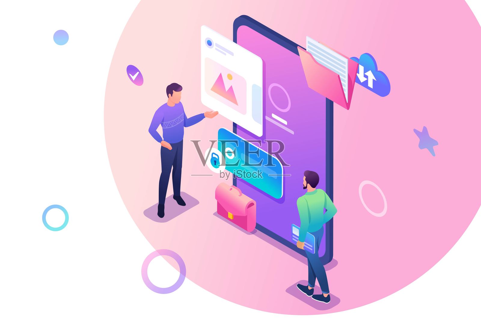 等长的年轻人站在手机屏幕附近，使用手机应用程序。网页设计的概念插画图片素材