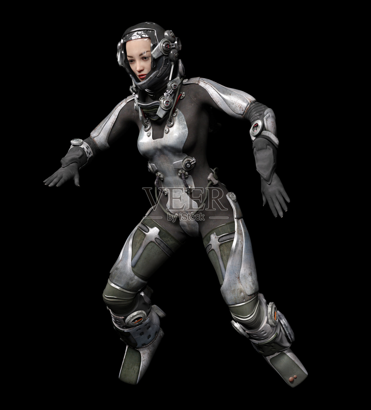 穿着未来装的女宇航员自由漂浮在太空中照片摄影图片