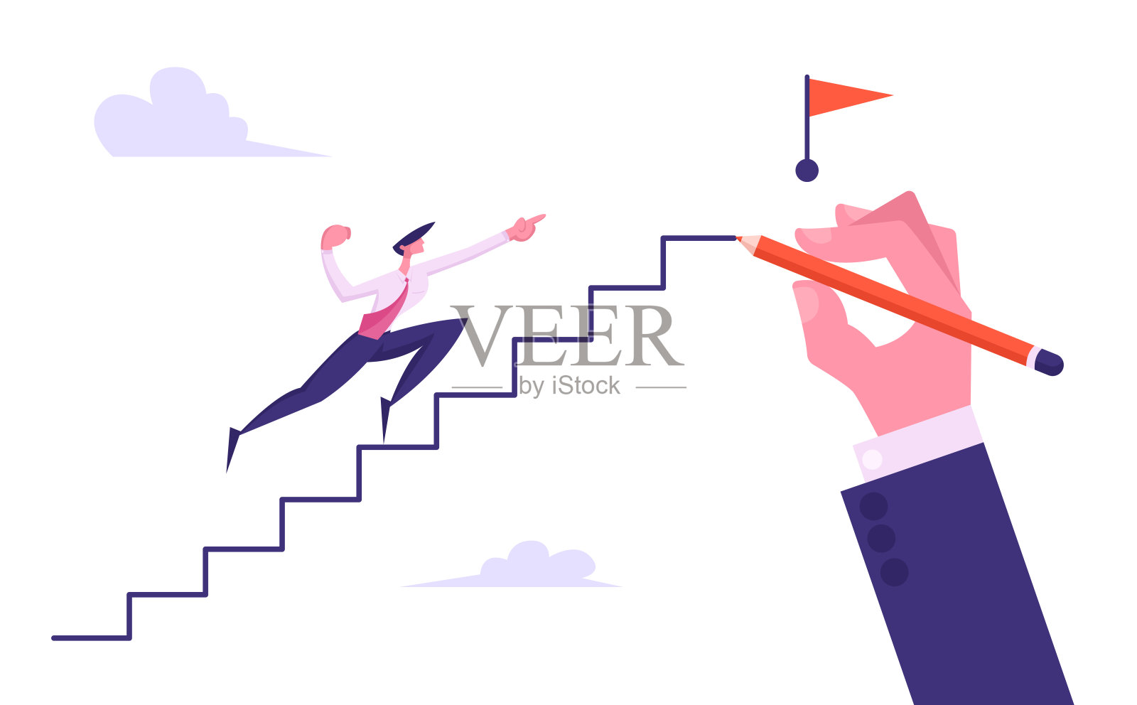 进步的商人性格跑到顶端的手拉梯子与红旗，商人爬上楼达到目标，领导，成功，挑战概念，卡通平面矢量插图插画图片素材