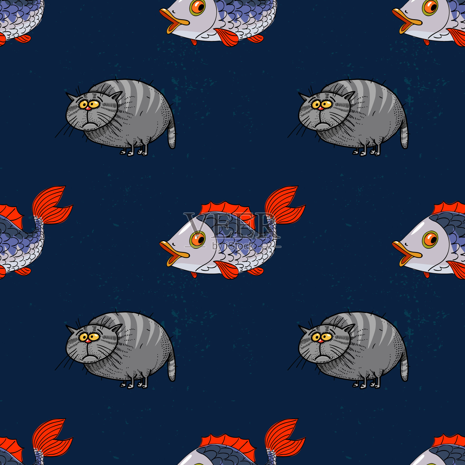 肥猫和鱼无缝图案插画图片素材