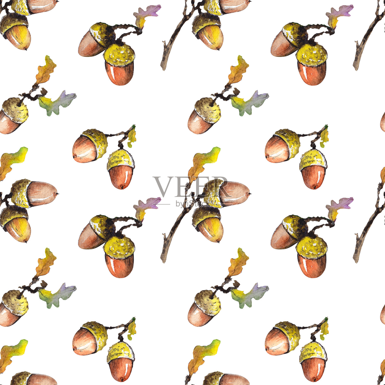 无缝模式与橡树橡子和树叶。插画图片素材
