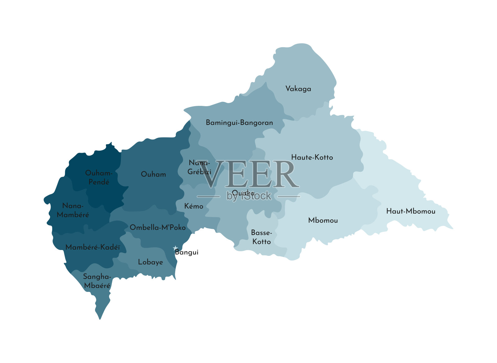 中非共和国简化行政地图矢量孤立图。地区的边界和名称。五颜六色的蓝色卡其色轮廓插画图片素材