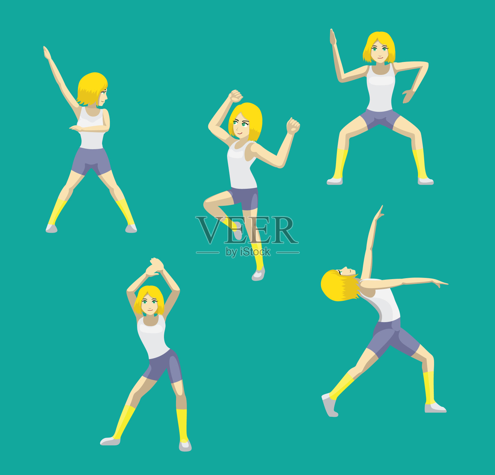 漫画风格黄色波波头女性卡通尊巴舞姿势矢量图插画图片素材