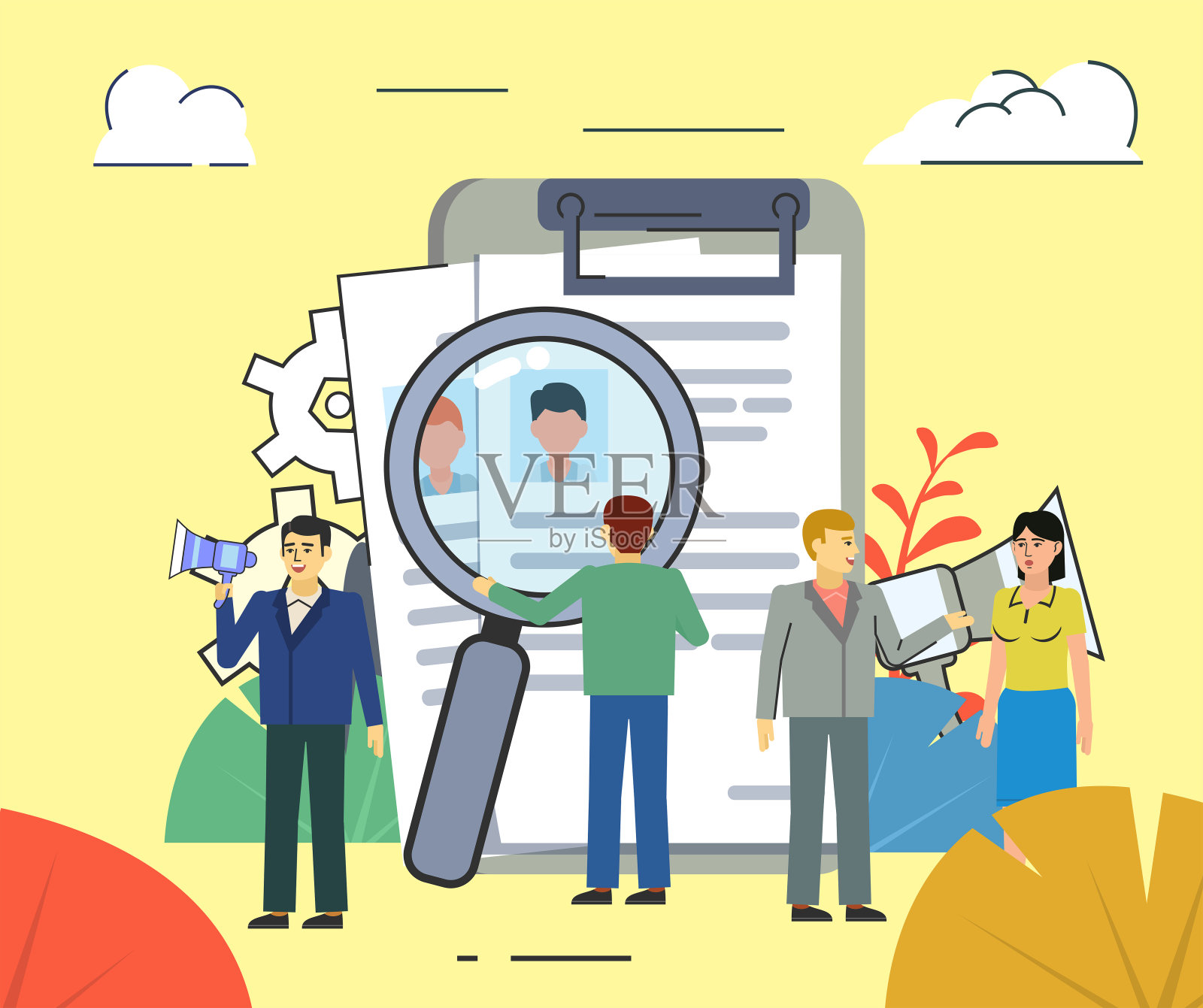 搜索新员工，招聘，空缺，招聘。人们站在带着文件的大剪贴板旁边。社交媒体海报，网页，横幅，展示插画图片素材