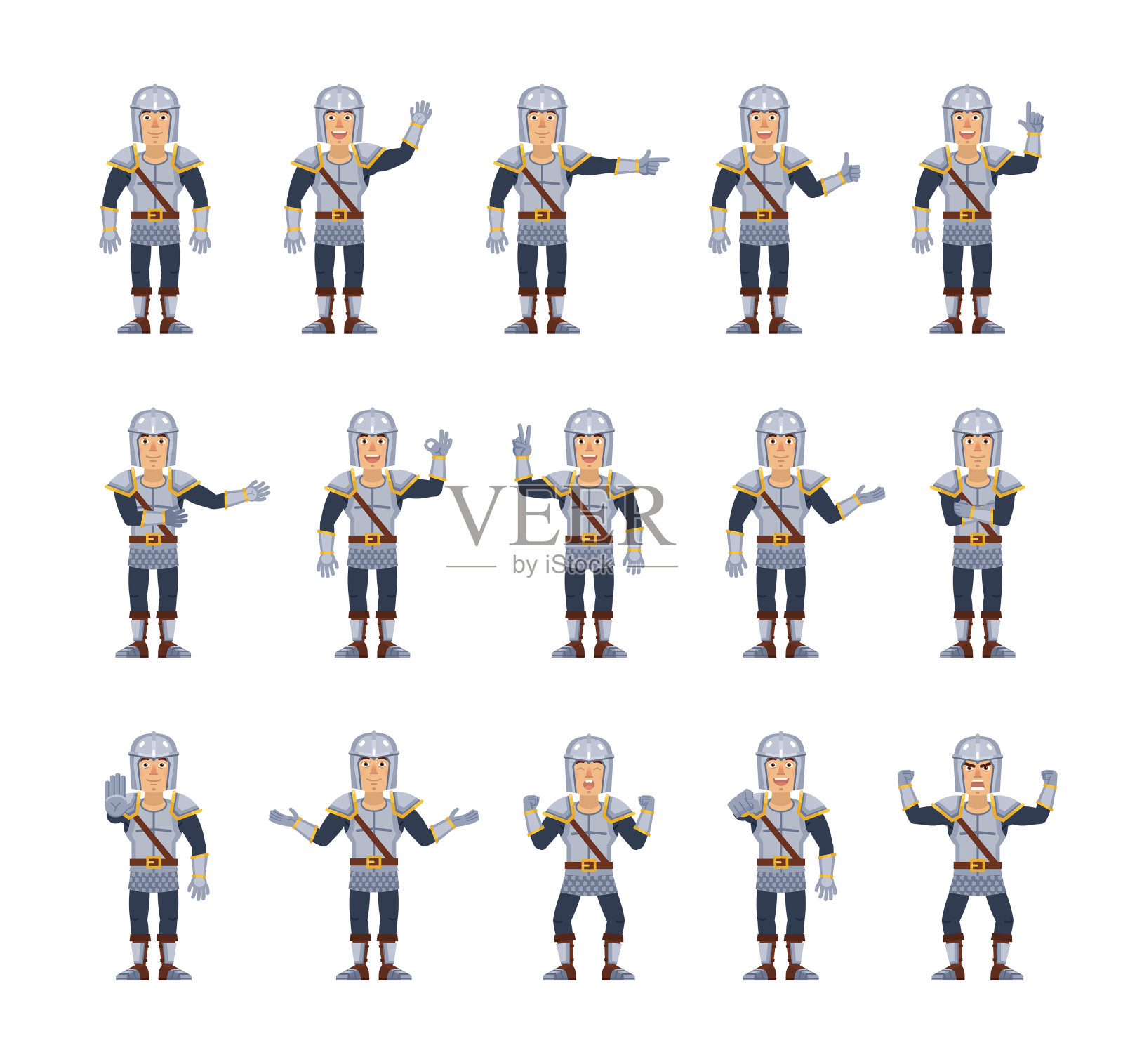 大套骑士角色显示不同的手势。开朗的骑士表现出拇指向上、指向、问候、胜利手势、停止、ok等手势插画图片素材