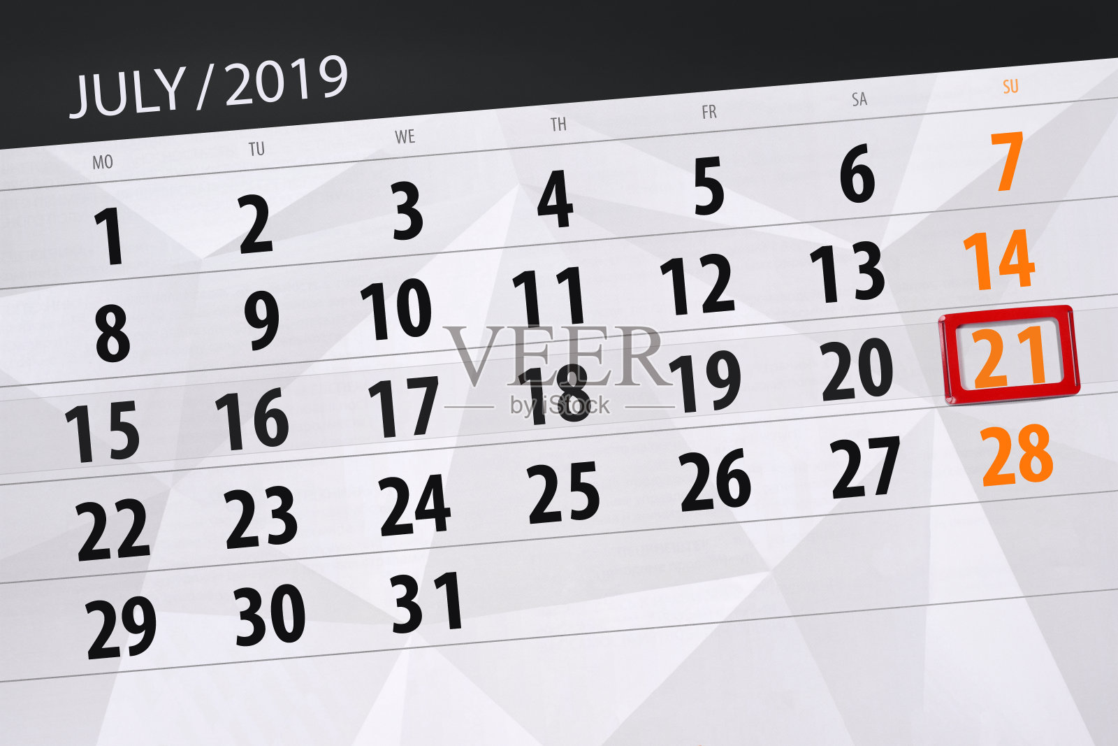 2019年7月的日历计划，截止日期，21日星期日插画图片素材