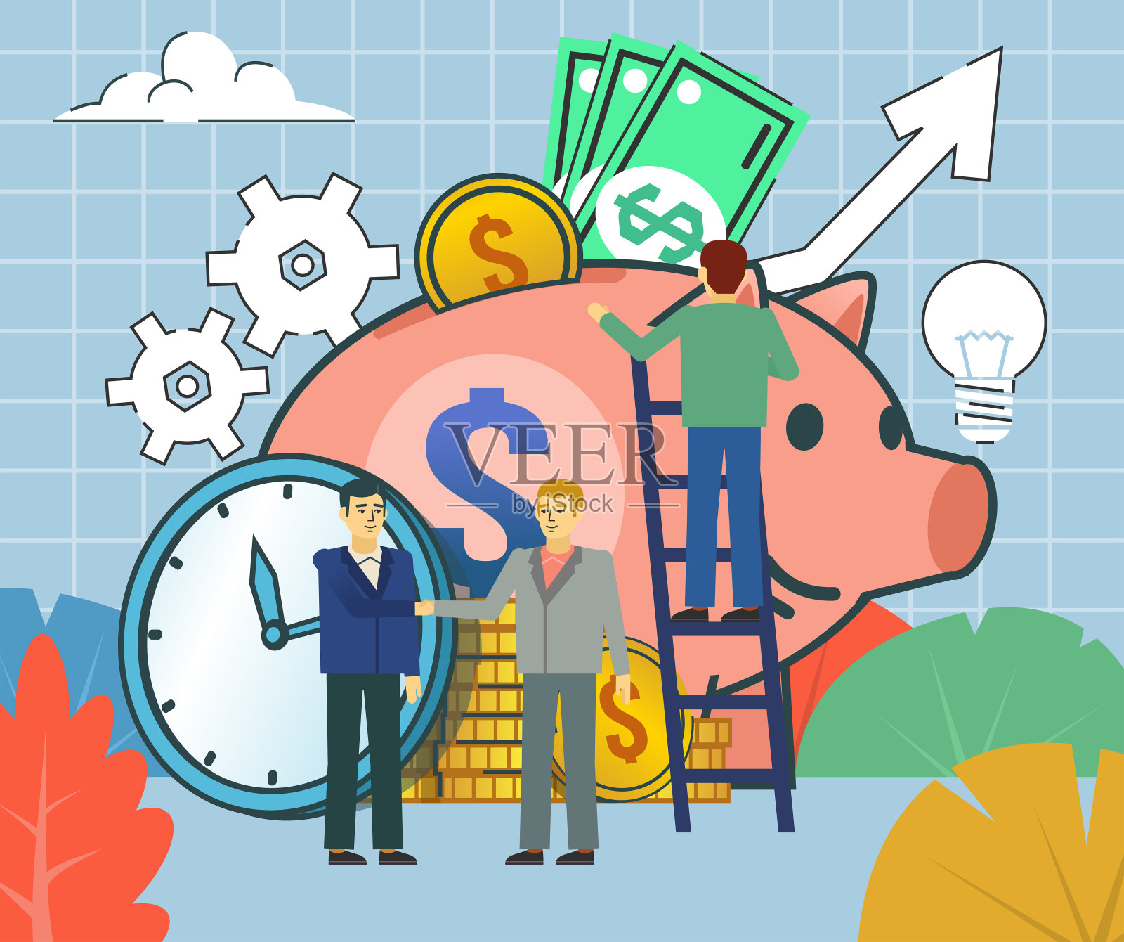 储蓄增长，存款盈利。小人站在巨大的储蓄罐旁边。海报的横幅，社交媒体，演示文稿，网页插画图片素材