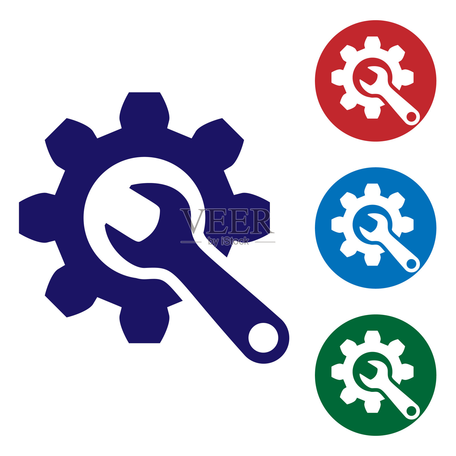 蓝色扳手和齿轮图标隔离在白色背景上。调整、维修、设置、维护、修理、固定。设置圆形按钮中的颜色图标。矢量图图标素材