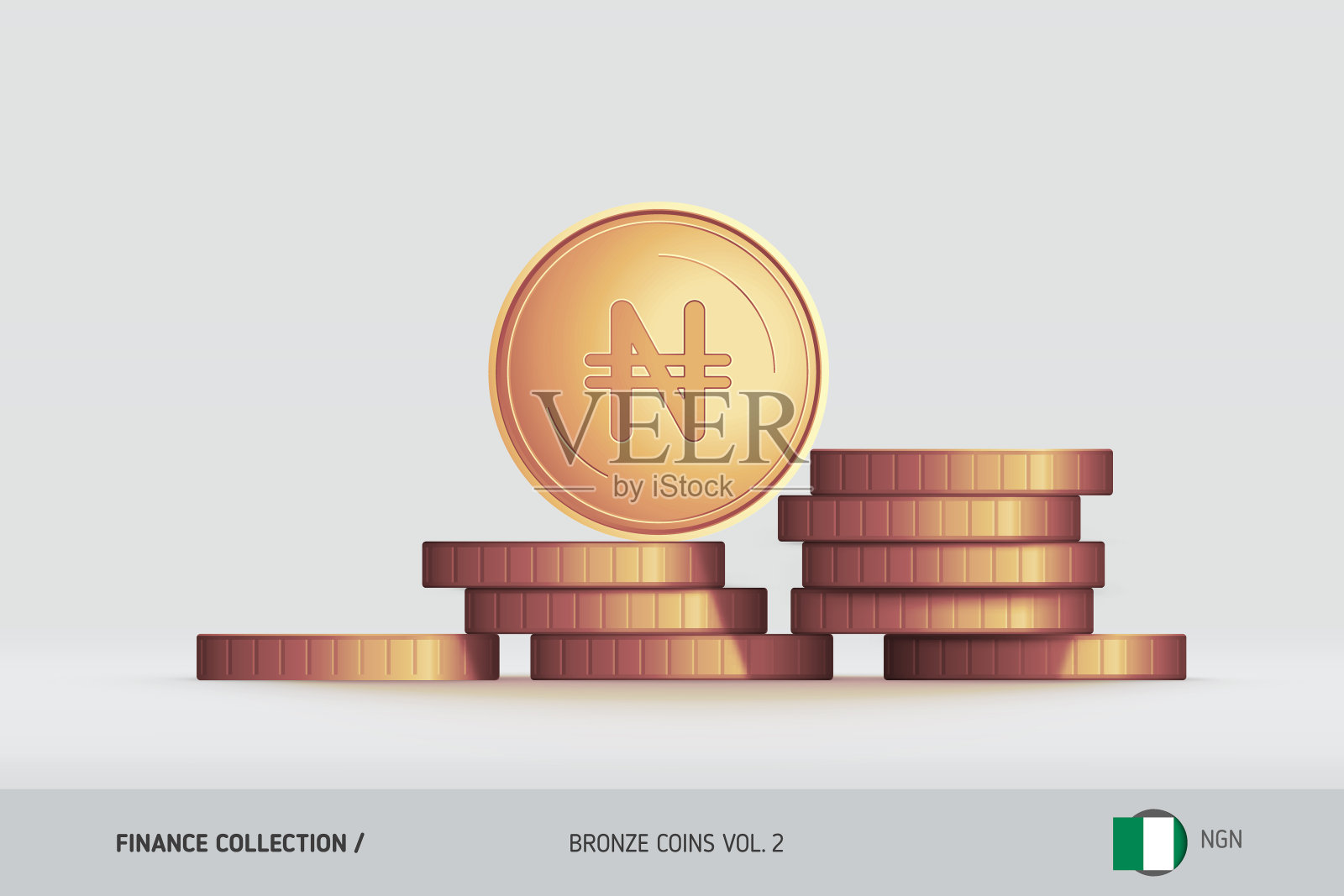 青铜硬币。逼真的尼日利亚奈拉硬币站在堆叠的硬币上。财务概念的网站，网页设计，移动应用程序，信息图表。插画图片素材