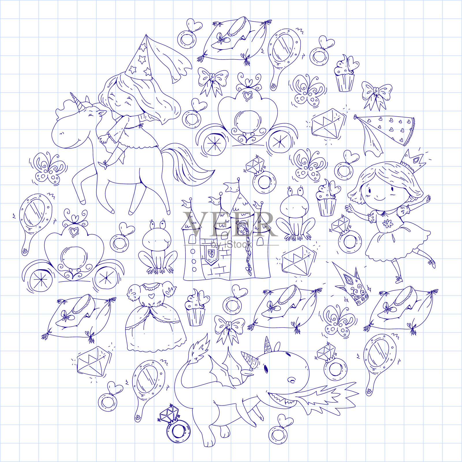 为书涂色页。可爱的小公主和独角兽和龙。小女孩的城堡，衣服，魔杖。带有皇冠和青蛙的童话图标。幻想插图插画图片素材