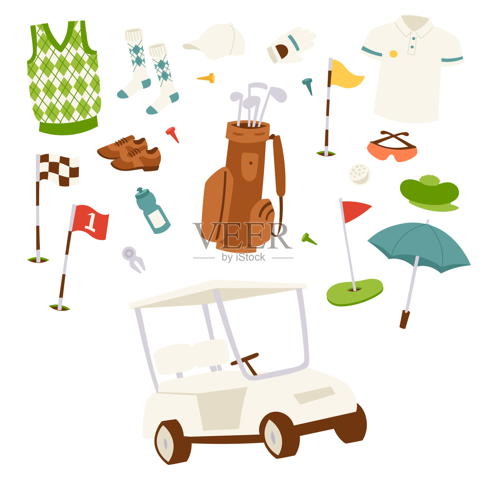 高尔夫图标爱好汽车设备球车球员高尔夫运动符号旗洞游戏元素矢量插图插画图片素材