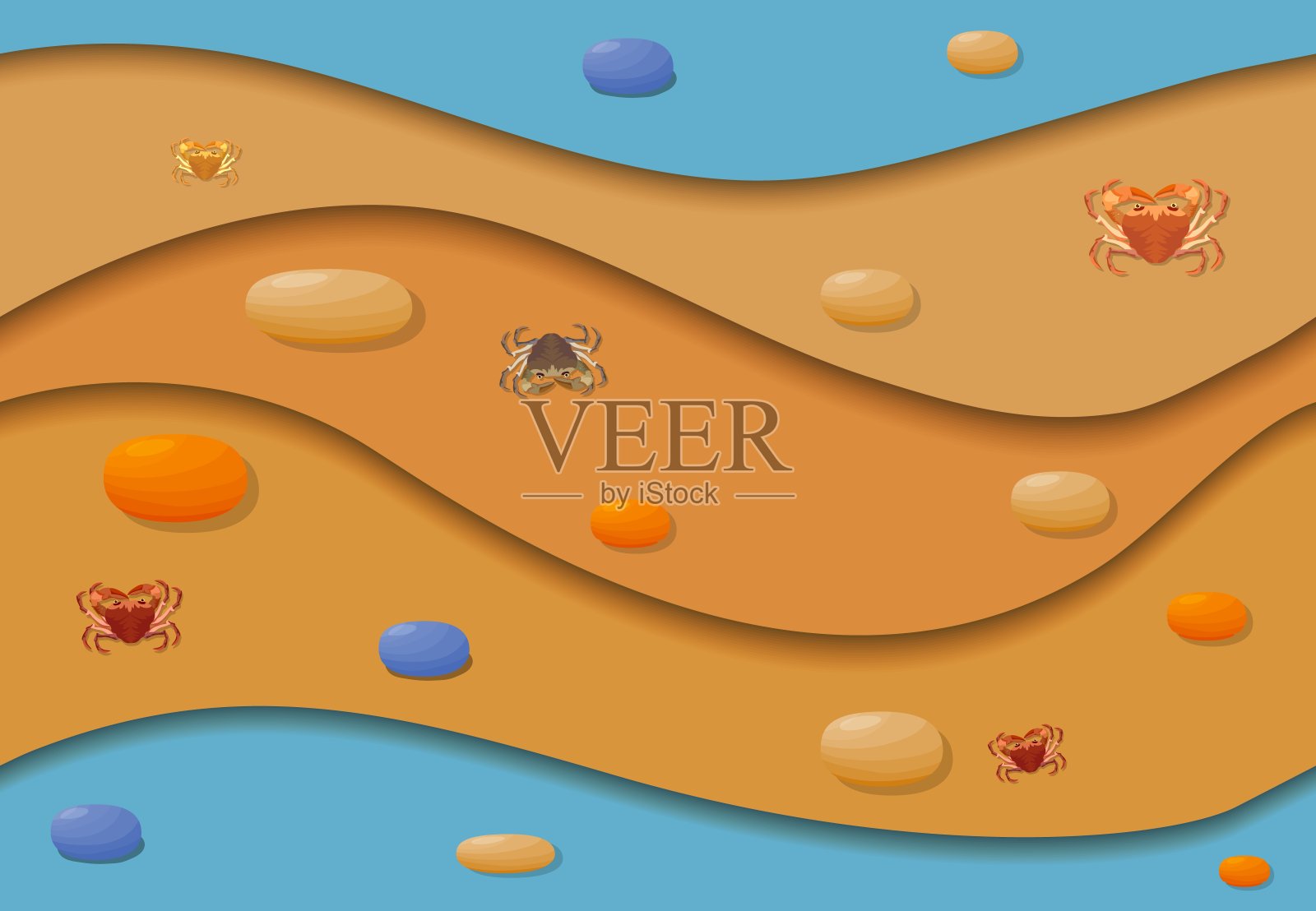 海滨，温暖阳光明媚的一天。沙滩上有海星和螃蟹。插画图片素材