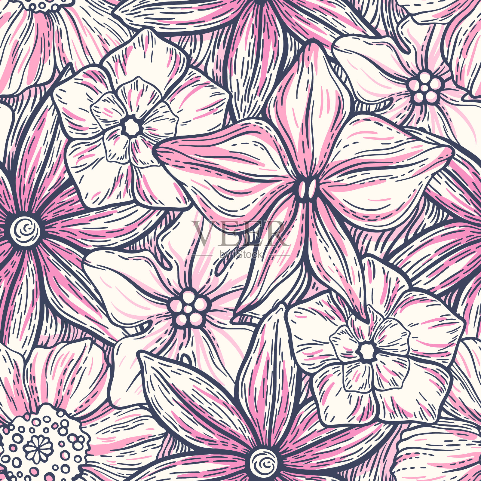 手绘图案与装饰花卉装饰。程式化的五颜六色的花。夏中性春背景。矢量图插画图片素材