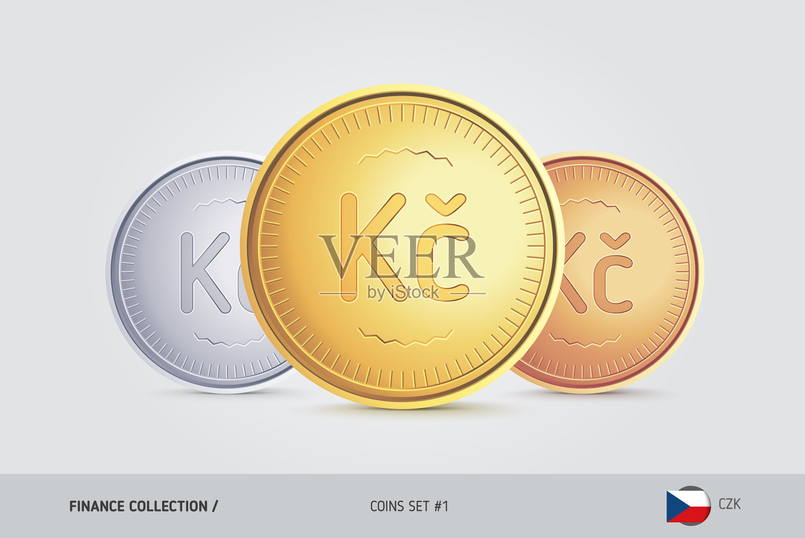 金、银、铜硬币。现实金属捷克克朗硬币套。背景上孤立的对象。财务概念的网站，网页设计，移动应用程序，信息图表。插画图片素材
