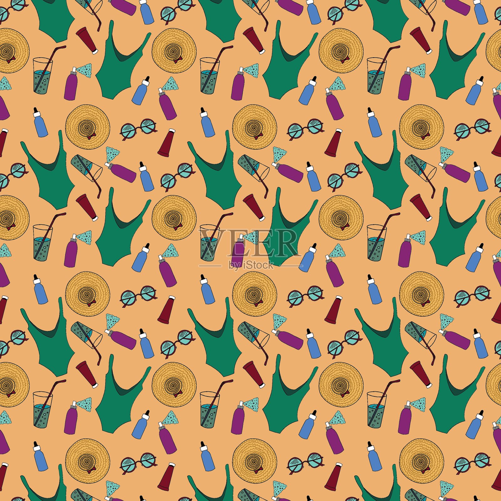 无缝模式与泳衣，太阳镜，防晒霜，鸡尾酒和热水在矢量。插画图片素材