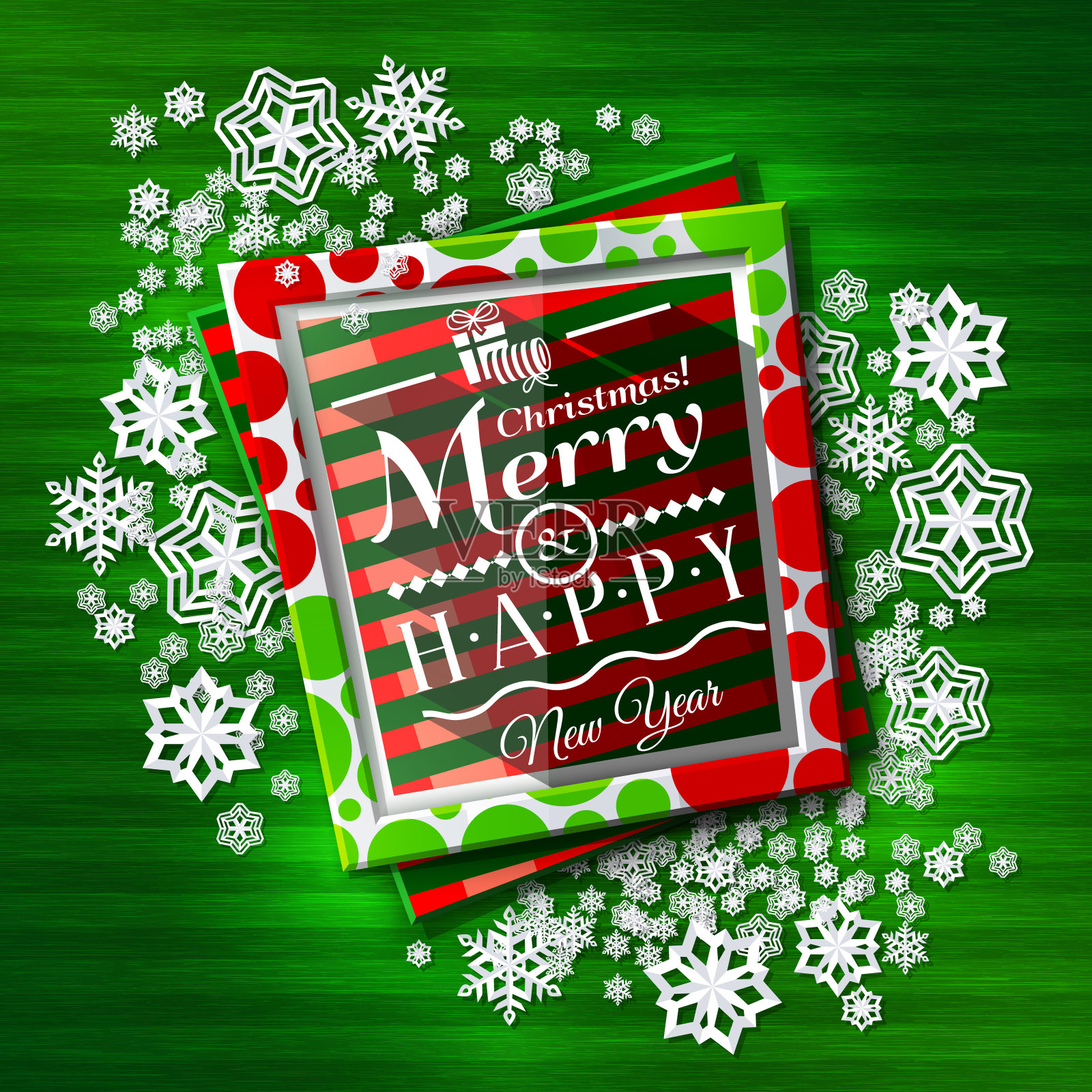 圣诞贺卡。框架与彩色纹理和祝愿文字，纸上的雪花在绿色的背景。向量。设计模板素材