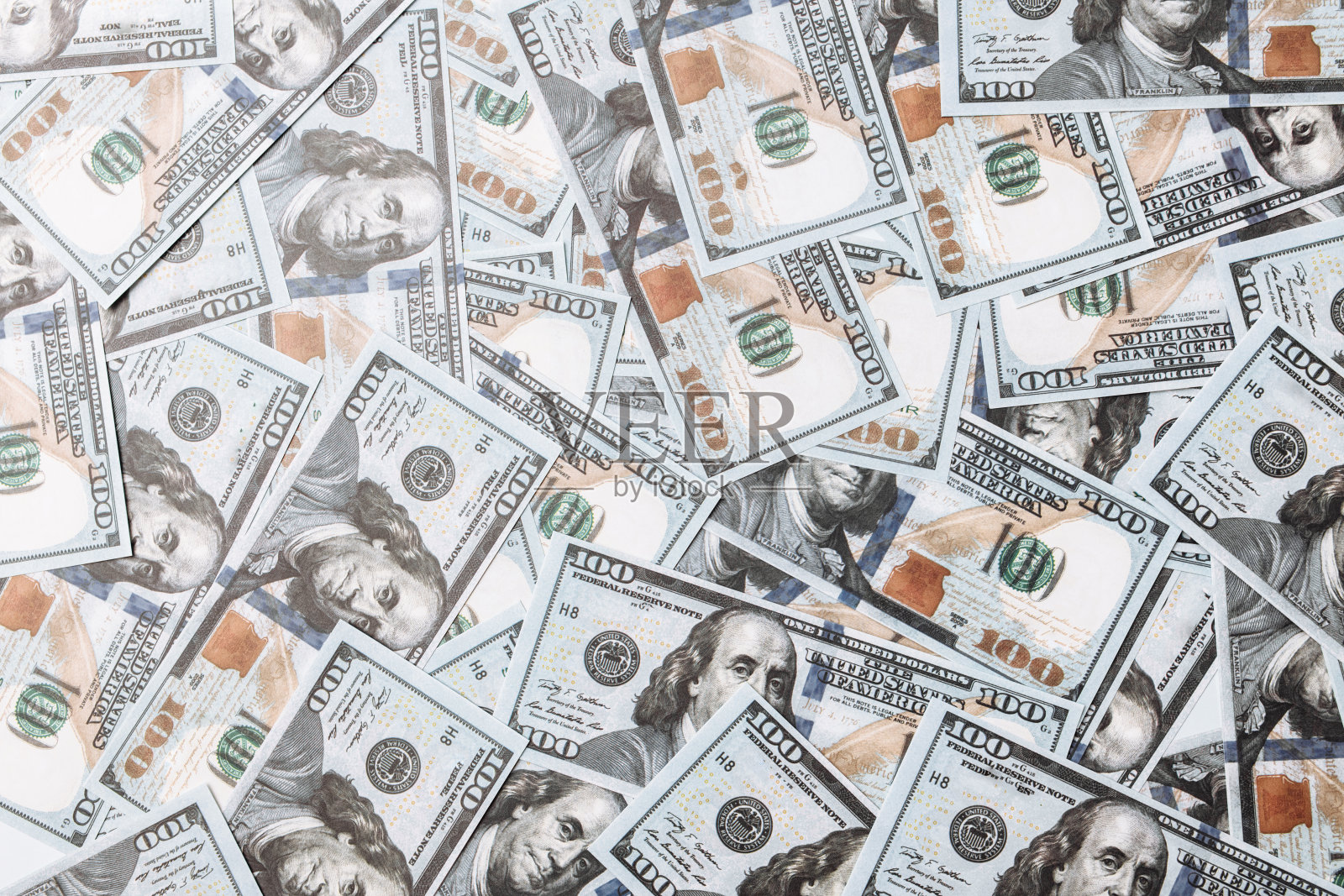 多为百元美钞、美钞、背景币、现金币特写、总统的头像照片摄影图片