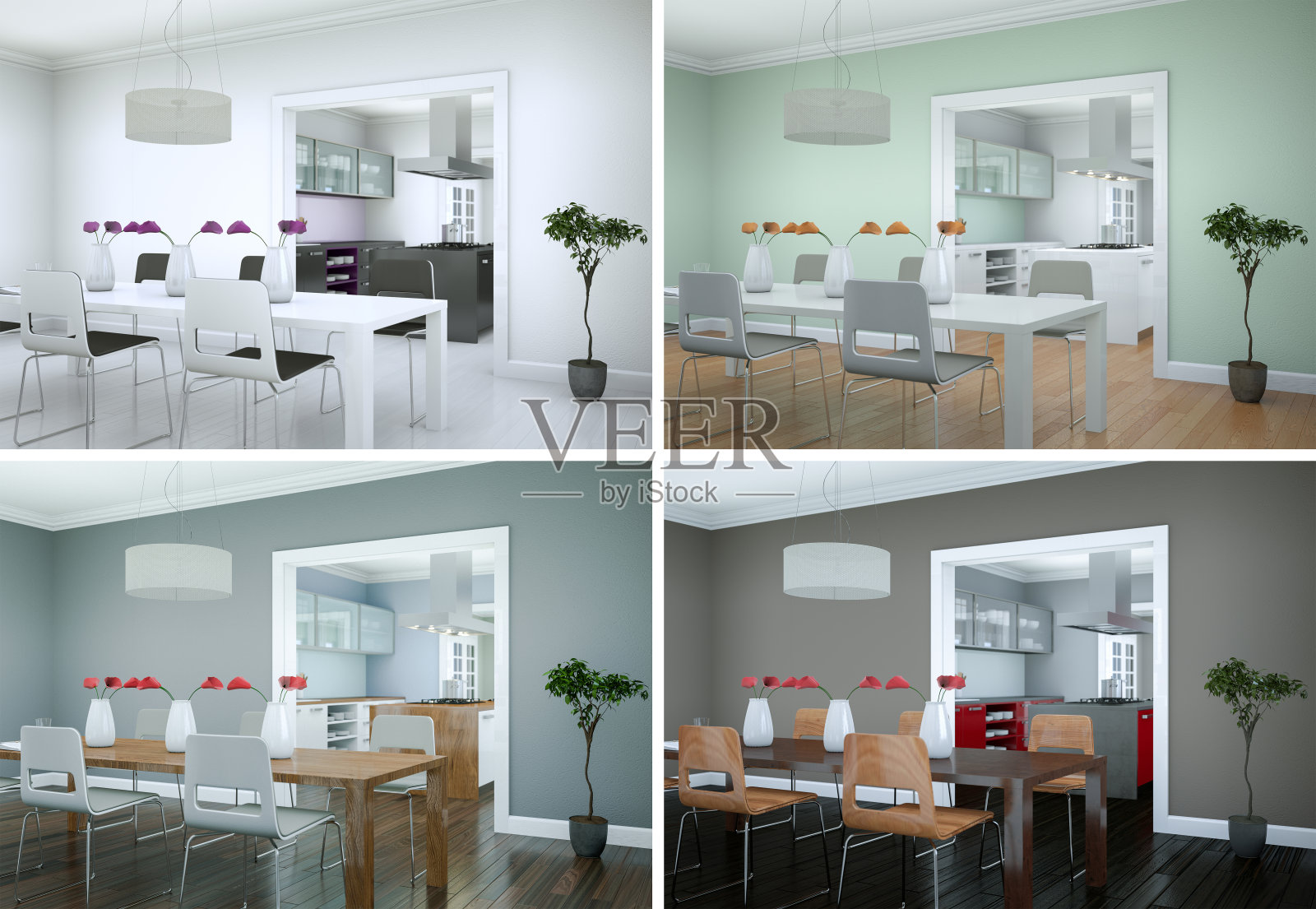 现代公寓餐厅室内设计的四种颜色变化照片摄影图片