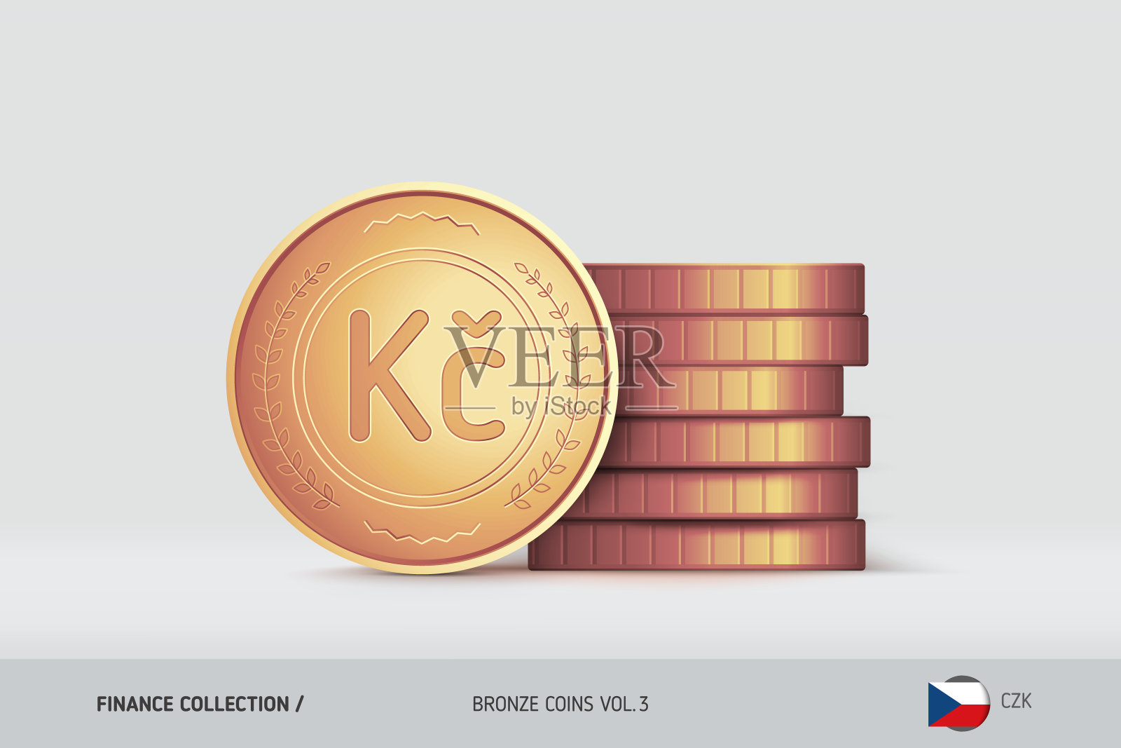 青铜硬币。逼真的捷克克朗硬币站在旁边的堆叠硬币。财务概念的网站，网页设计，移动应用程序，信息图表。插画图片素材