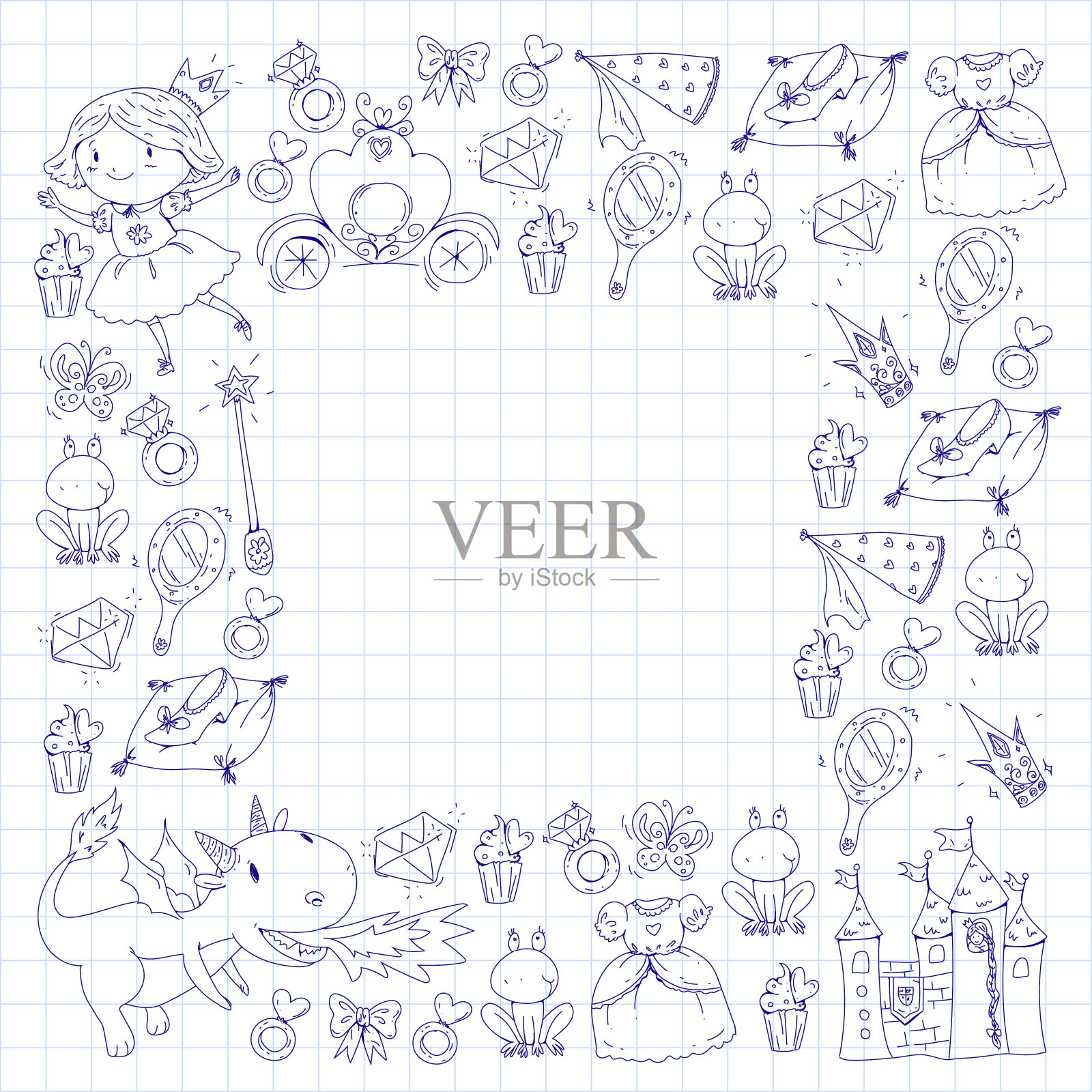 为书涂色页。可爱的小公主和独角兽和龙。小女孩的城堡，衣服，魔杖。带有皇冠和青蛙的童话图标。幻想插图插画图片素材