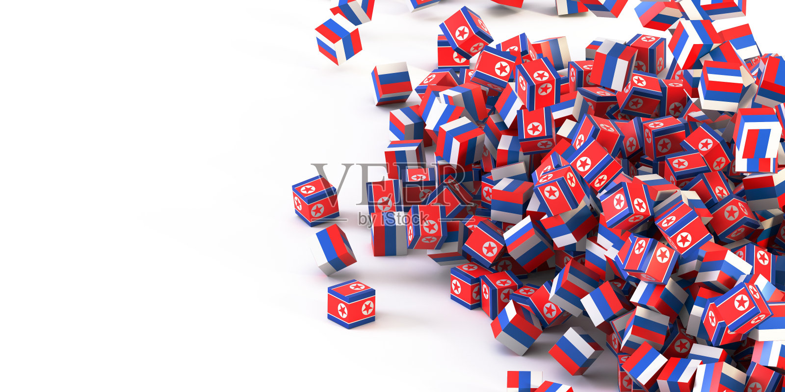 朝鲜和俄罗斯的政治冲突，原始3d渲染概念插图，原始旗帜纹理照片摄影图片