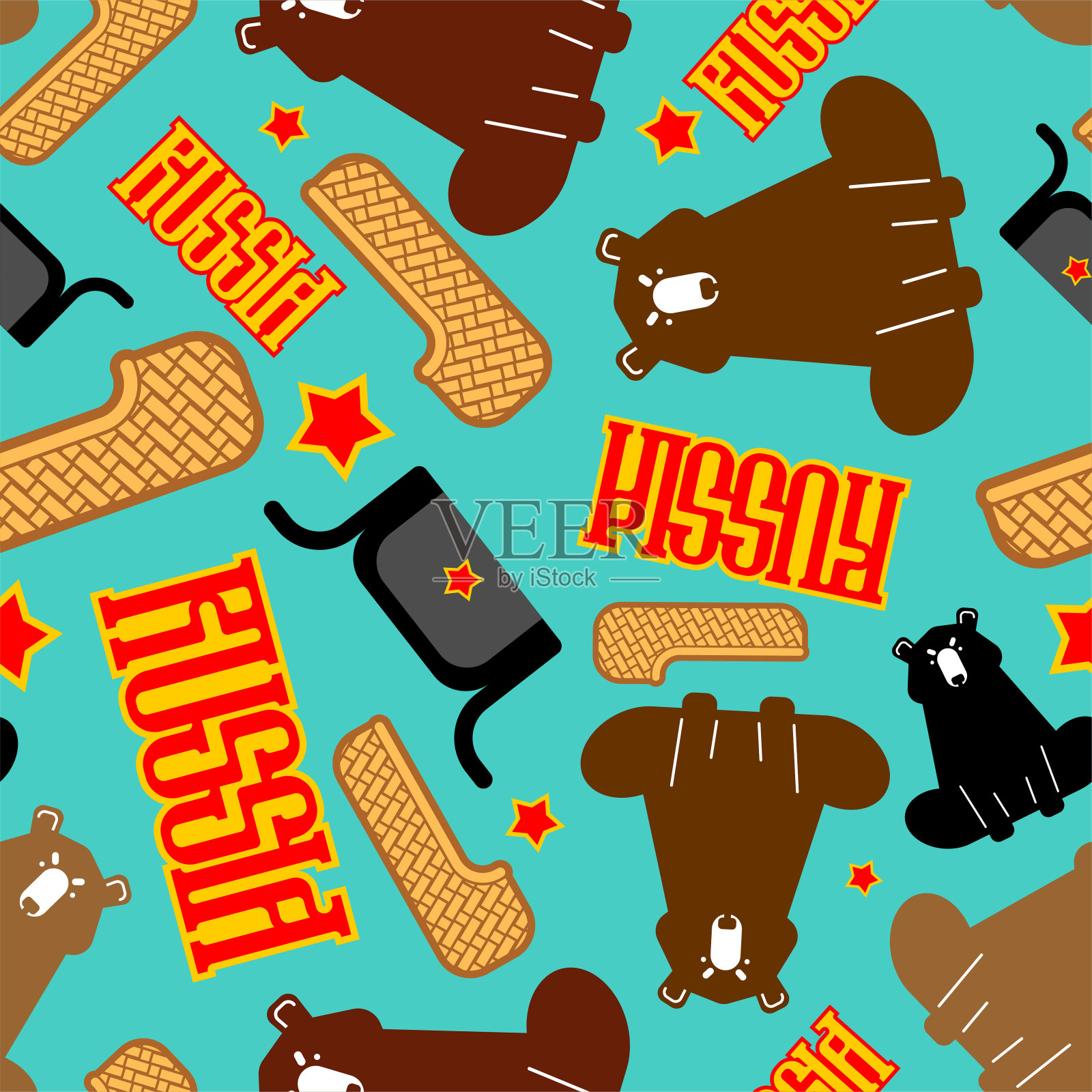 俄罗斯模式。树皮鞋和熊。乌山卡和红星。俄罗斯民族民间肌理。向量的背景插画图片素材