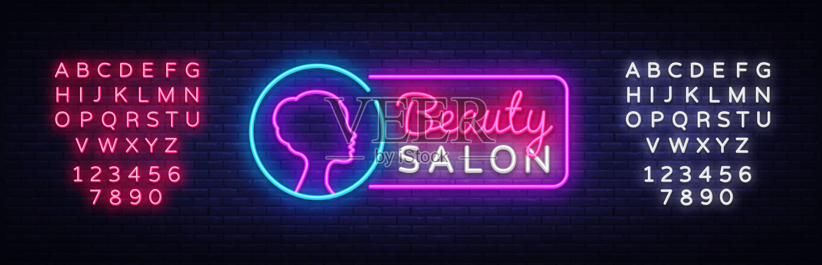 美容院霓虹招牌向量。设计模板霓虹招牌、灯光横幅、霓虹灯招牌、夜间亮广告、灯光题字。矢量插图。编辑文字霓虹灯设计模板素材
