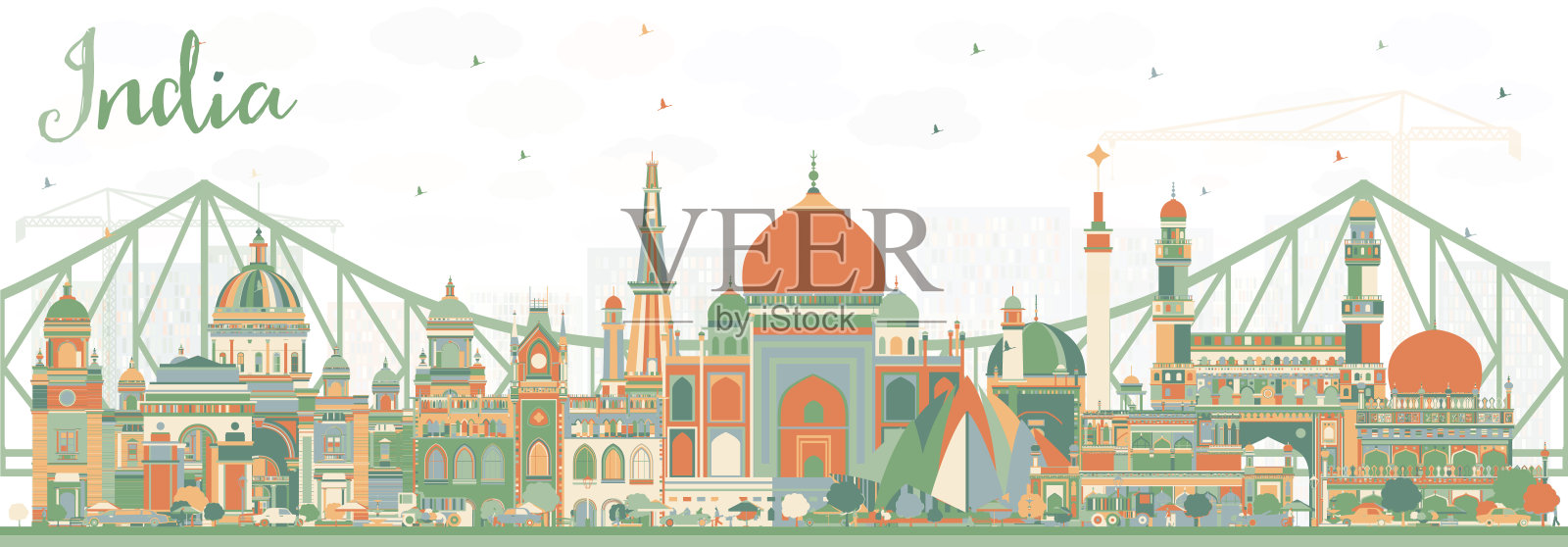 彩色建筑的印度城市天际线。德里。海得拉巴。加尔各答。插画图片素材