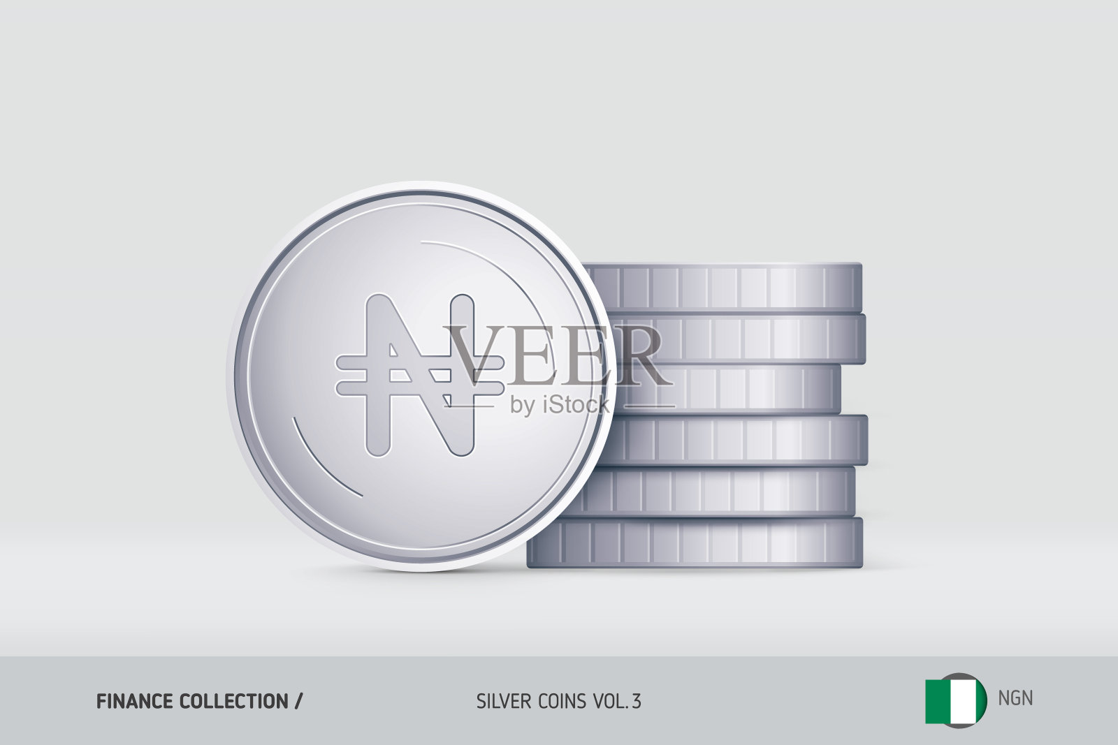 银币。逼真的尼日利亚奈拉硬币站在旁边堆叠的硬币。财务概念的网站，网页设计，移动应用程序，信息图表。插画图片素材