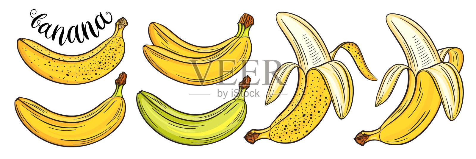 手绘香蕉集，孤立在白色背景。装饰性涂鸦矢量插图插画图片素材