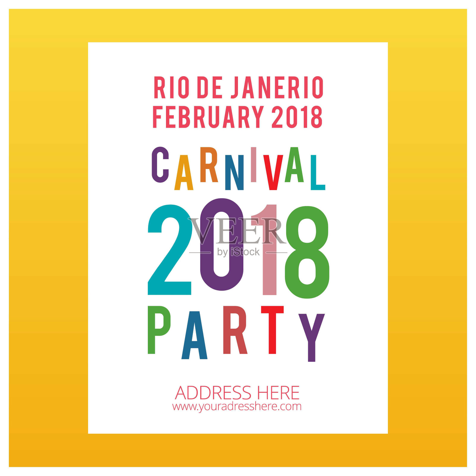 巴西狂欢节快乐。黄色背景的Whtie嘉年华派对邀请函设计模板素材