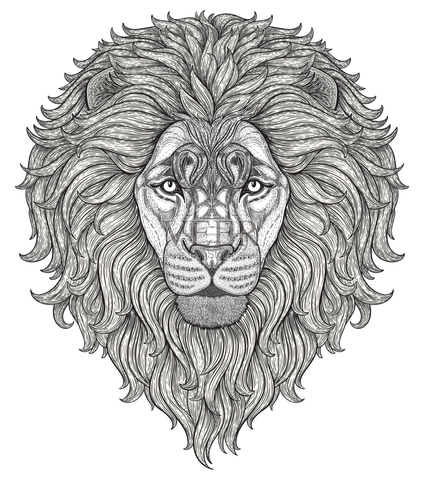 狮子头手在白色背景上孤立的线。装饰性涂鸦矢量插图。适合明信片，海报，印刷，贺卡，t恤，手机壳设计插画图片素材