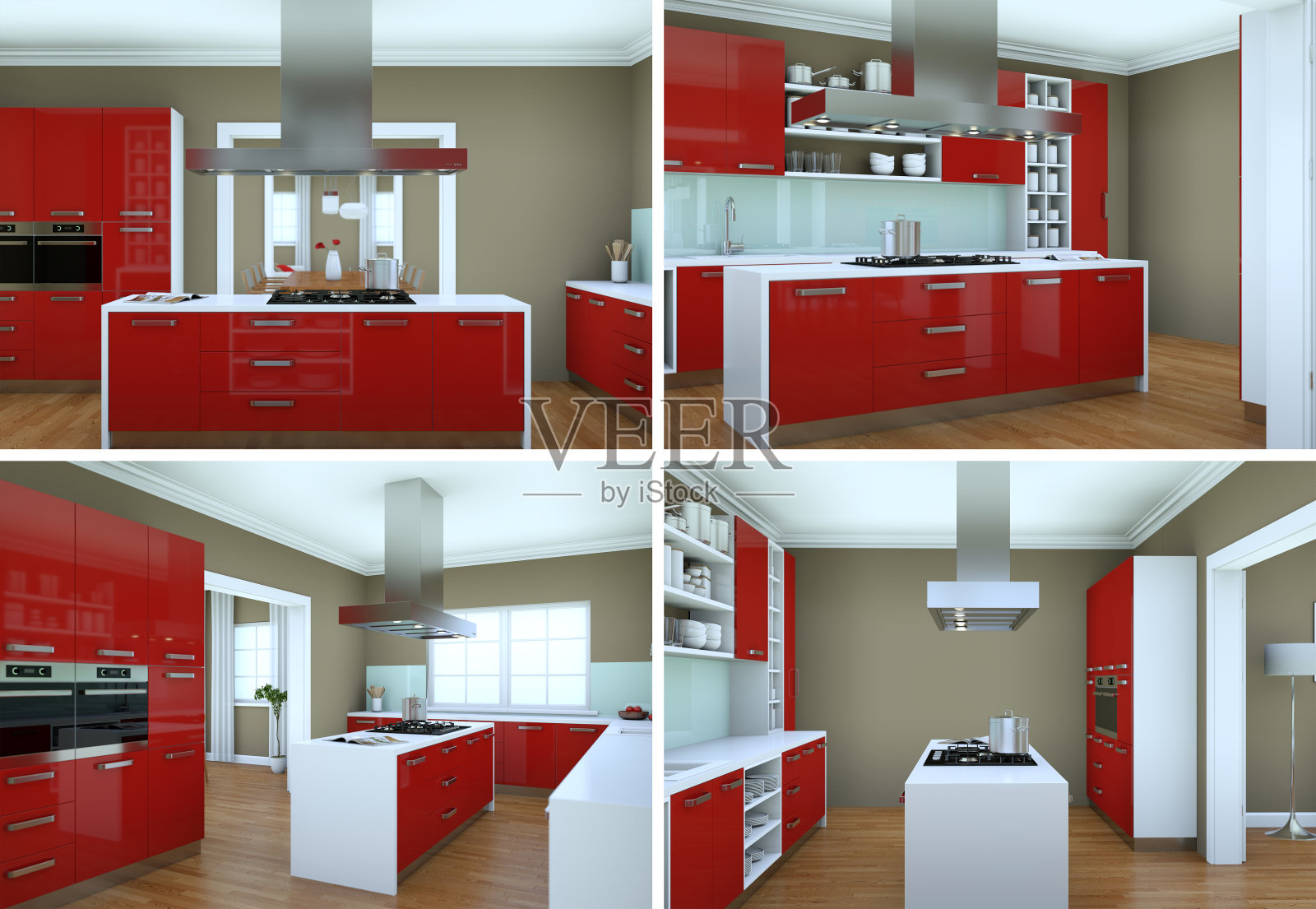 四个视图的现代厨房与美丽的设计照片摄影图片