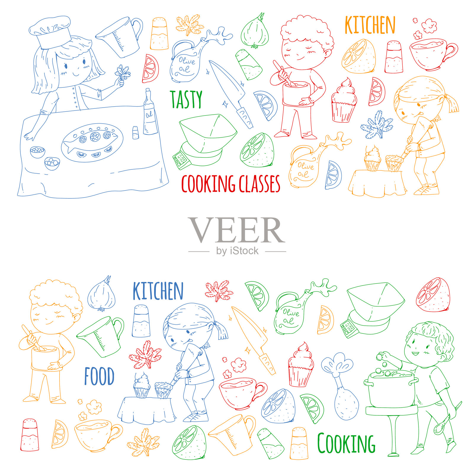 烹饪课横幅，幼儿园幼儿课程。厨房用具，厨房用品，厨具。矢量图案与涂鸦图标。插画图片素材