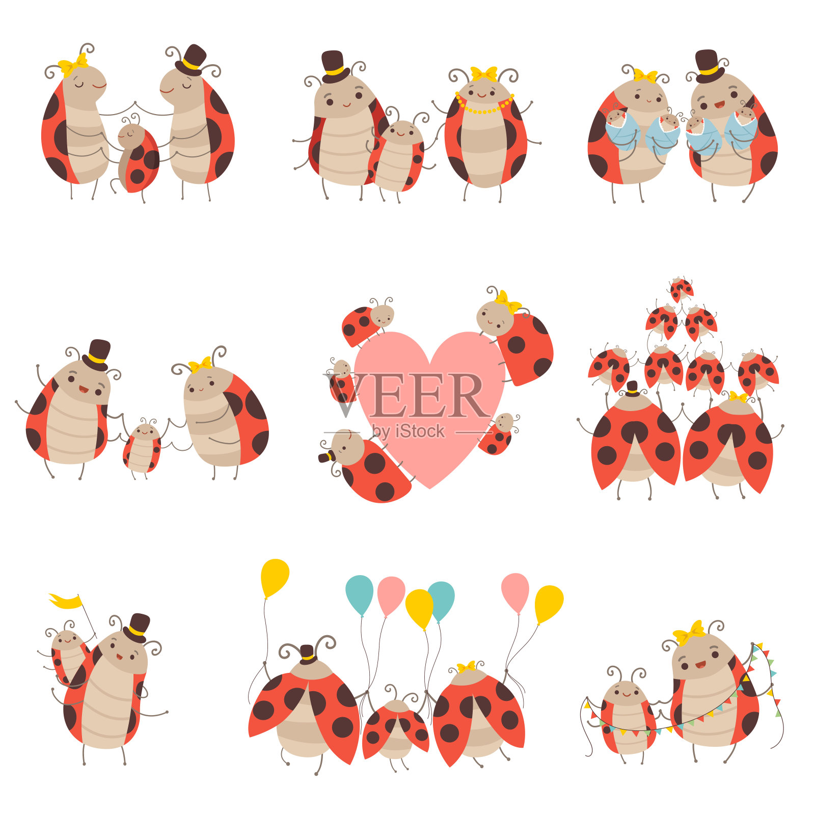 快乐的瓢虫家庭设置，可爱的母亲，父亲和他们的孩子，可爱的卡通昆虫字符矢量插图插画图片素材