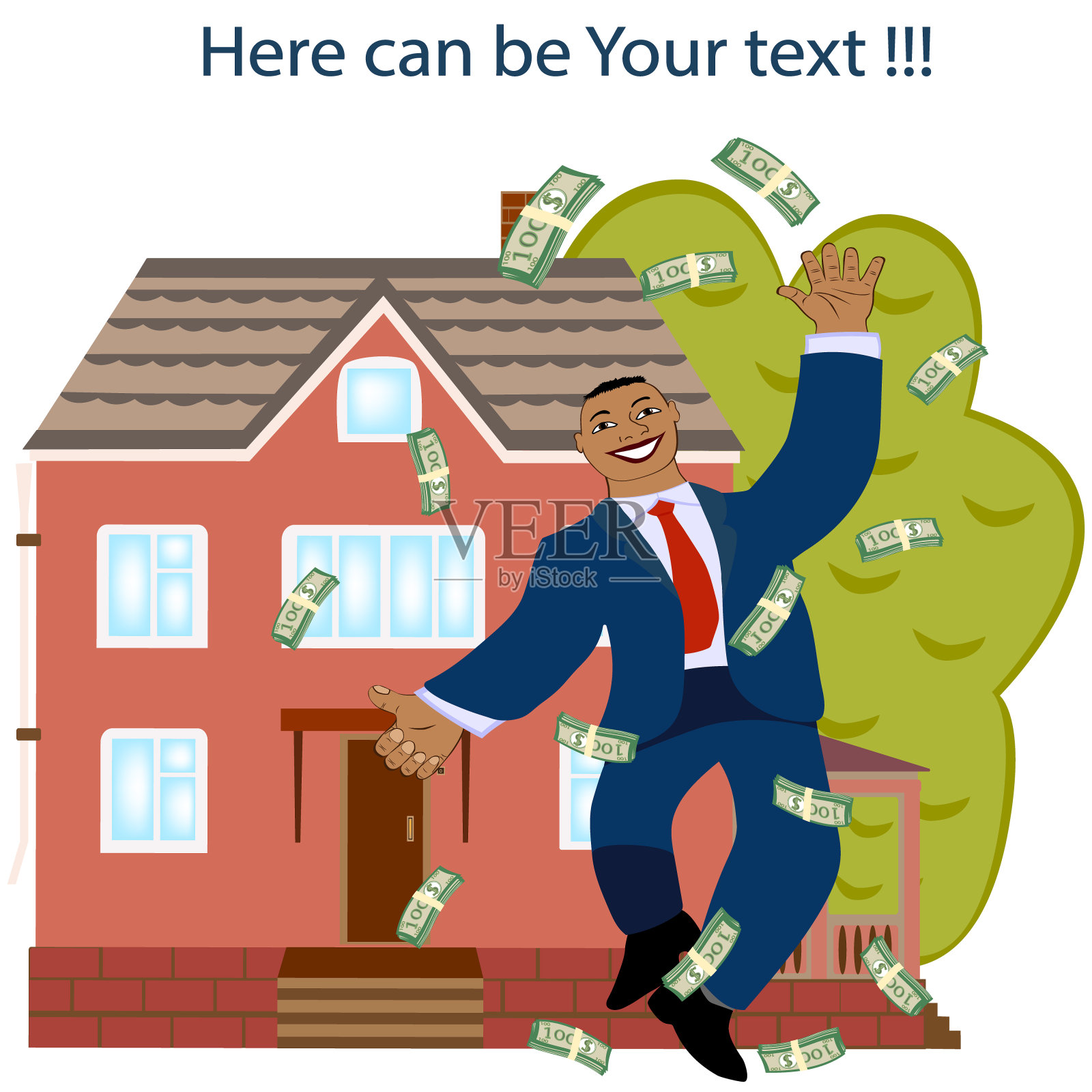 新的属性。商人或经理微笑和房子。房地产的卡通。矢量插图。插画图片素材