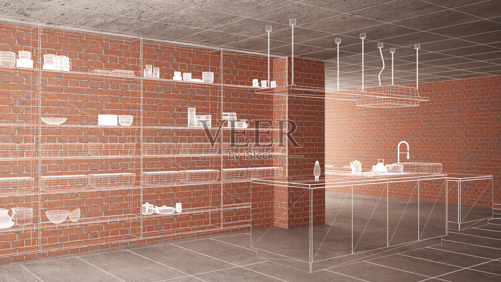 家居装修，住宅开发概念背景，正在施工的室内设计，定制建筑设计项目，白墨草图，展示简约厨房的蓝图照片摄影图片