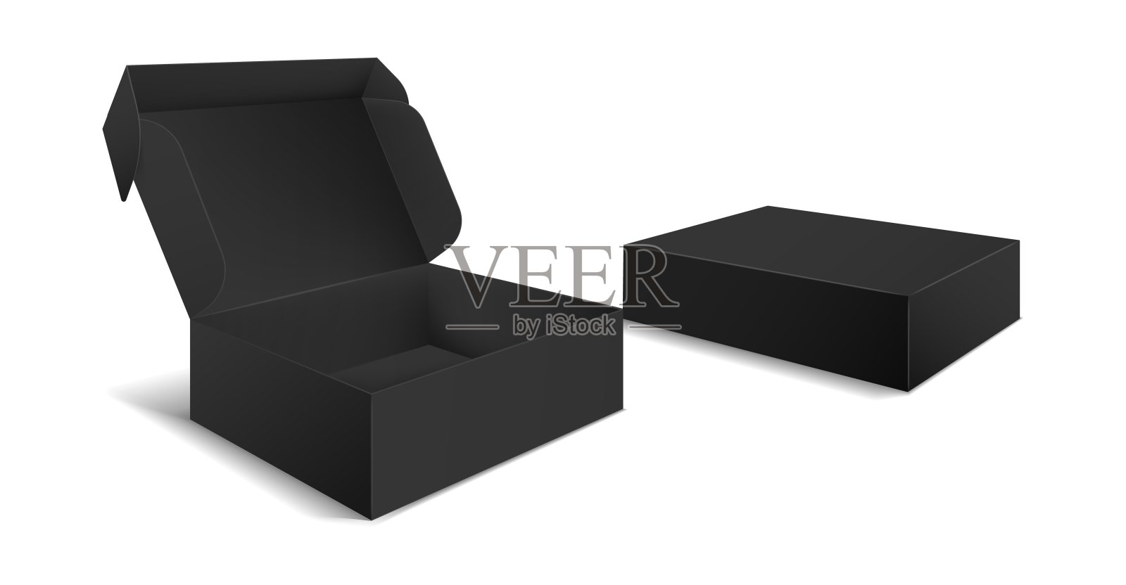 黑盒包装。侧视图打开和关闭的礼物空白盒。空纸板黑产品包三维矢量孤立模板插画图片素材
