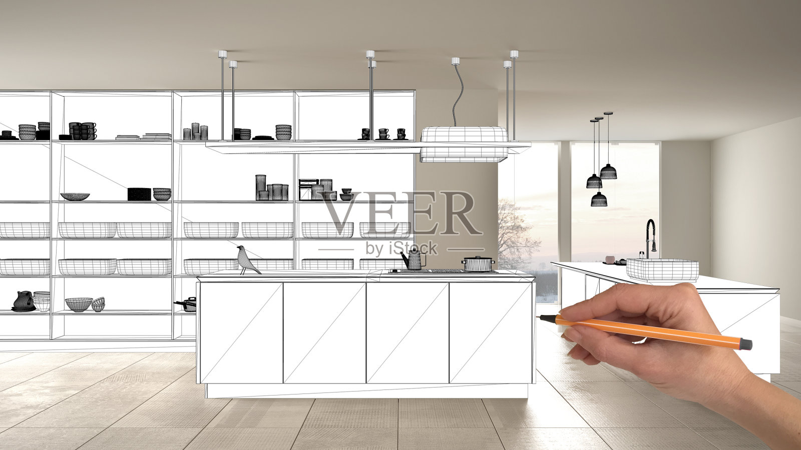 未完成的项目，正在施工图，概念室内设计图，手绘蓝图厨房效果图，在真实的背景，建筑师和设计师的想法照片摄影图片