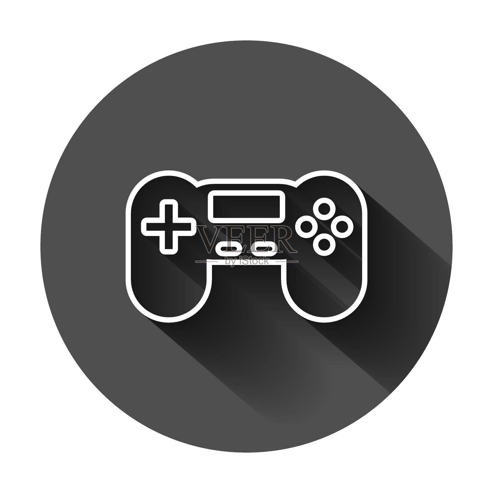 平面风格的操纵杆标志图标。手柄矢量插图在黑色圆形背景与长阴影。游戏机控制器业务概念。图标素材