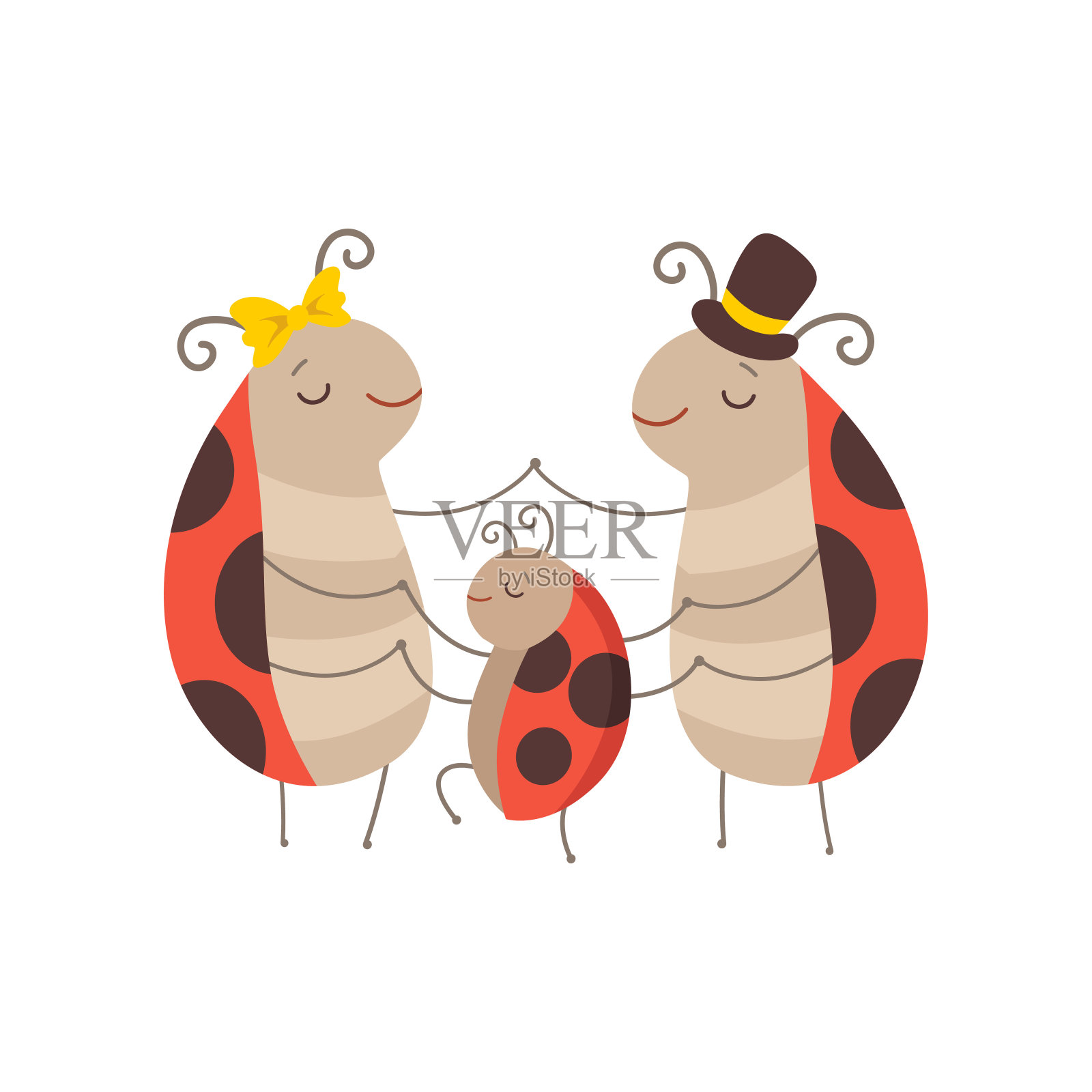 瓢虫家庭，快乐的妈妈，爸爸瓢虫和他们的宝宝牵着手，可爱的卡通昆虫人物矢量插图插画图片素材