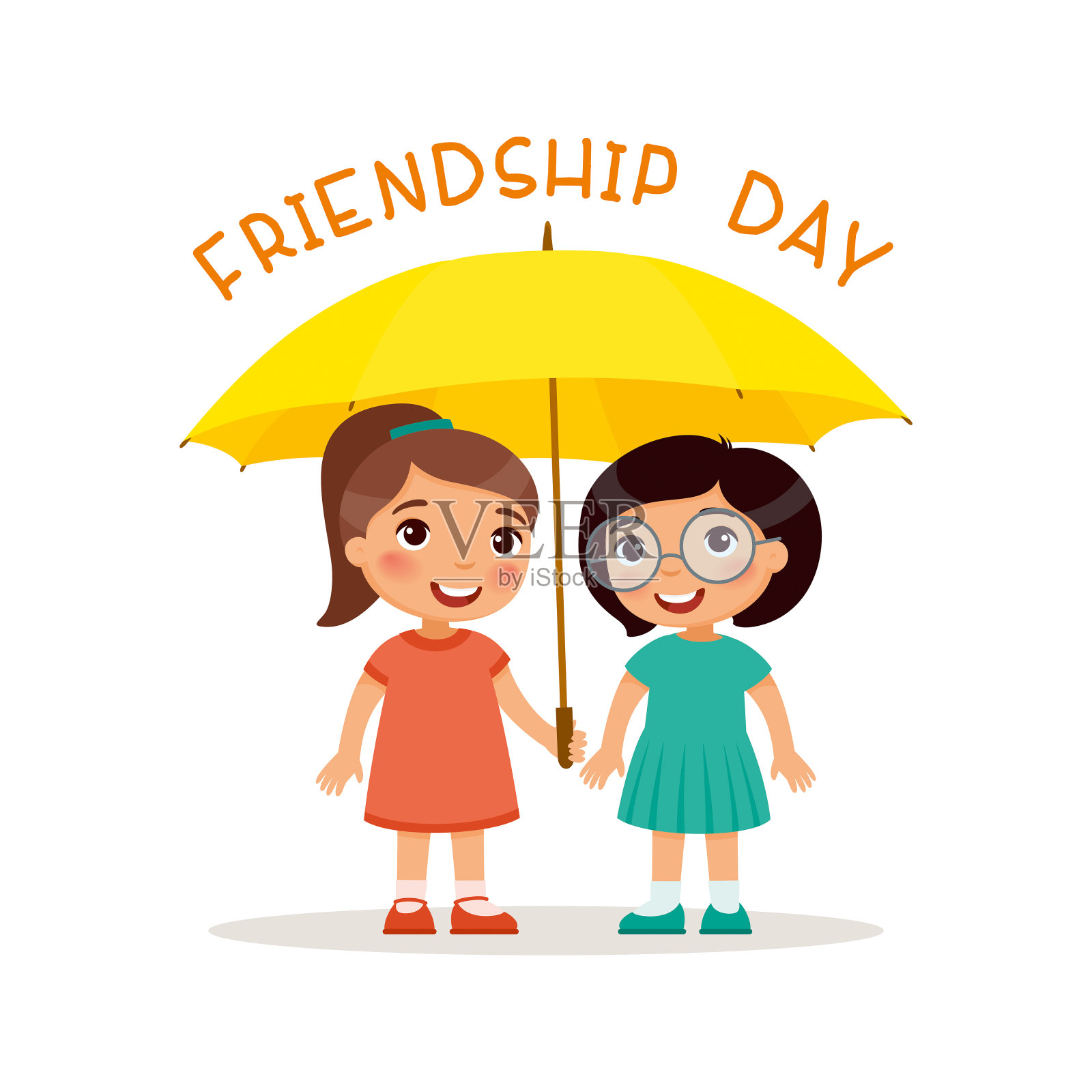 两个可爱的小女孩拿着一把黄色的伞站在那里。插画图片素材