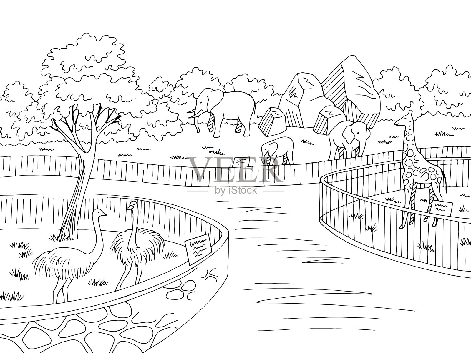 动物园公园图形黑白景观素描插图矢量插画图片素材