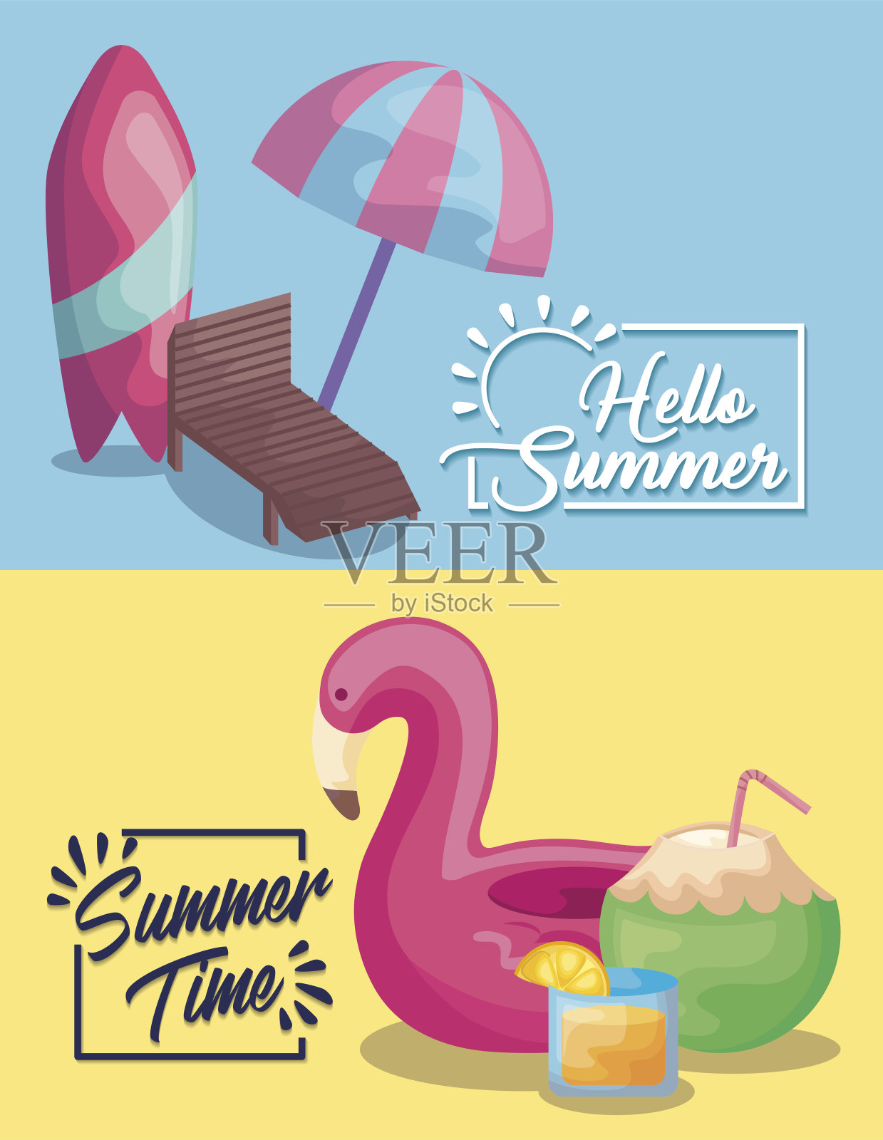 夏季假期海报与冲浪板和佛兰德斯浮插画图片素材