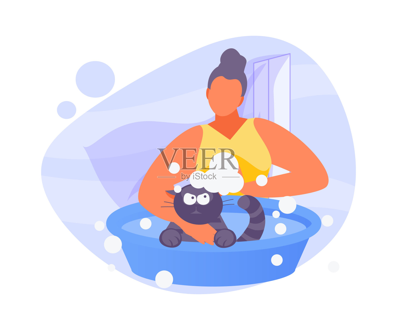 女孩洗猫矢量插画图片素材