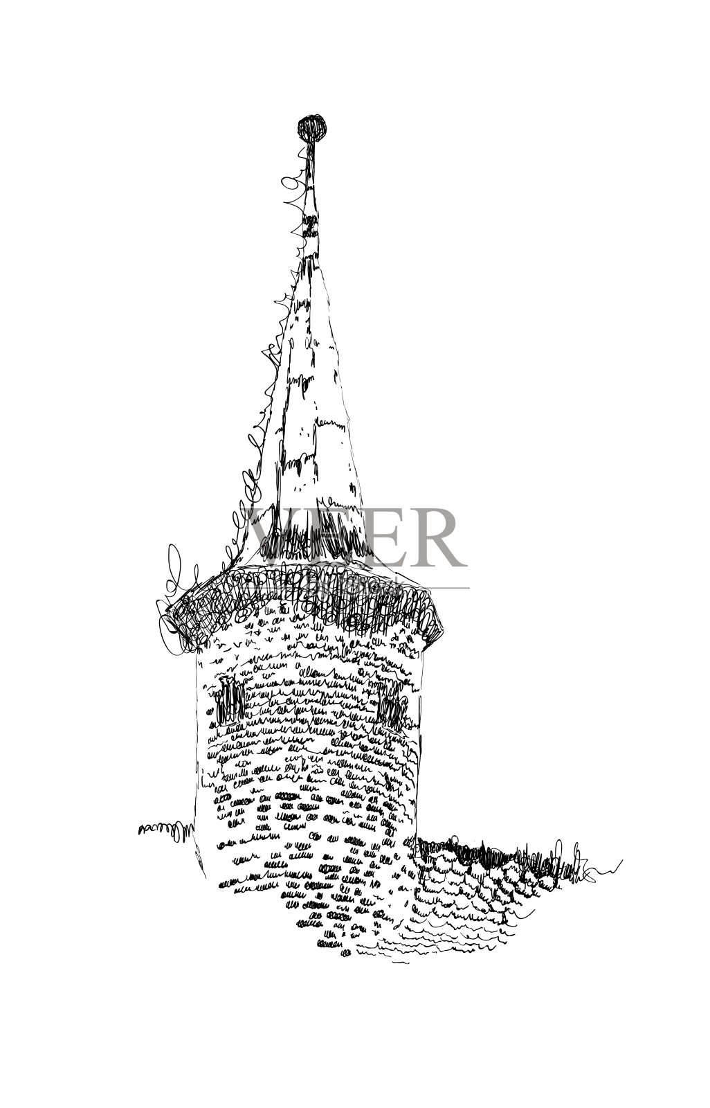 欧洲建筑的矢量草图，旧塔，手绘插图在黑白颜色插画图片素材