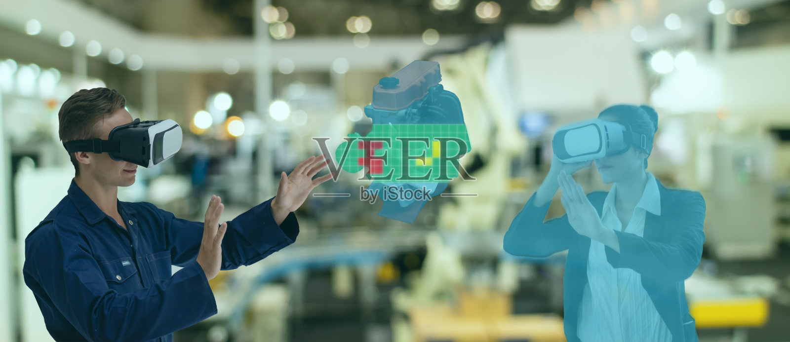 物联网工业4.0概念，工业工程师使用智能眼镜与增强混合虚拟现实技术来实时监控机器与全息图的助理工程师在3d照片摄影图片