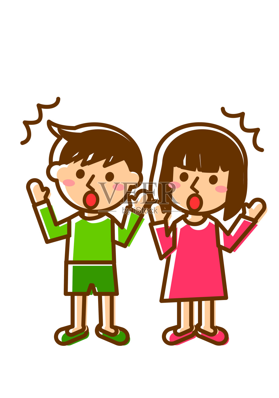 惊讶的面部表情。男孩和女孩的全身。矢量插图。插画图片素材